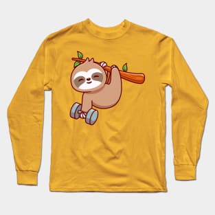 Cute Sloth Holding Dumbbell Cartoon Long Sleeve T-Shirt